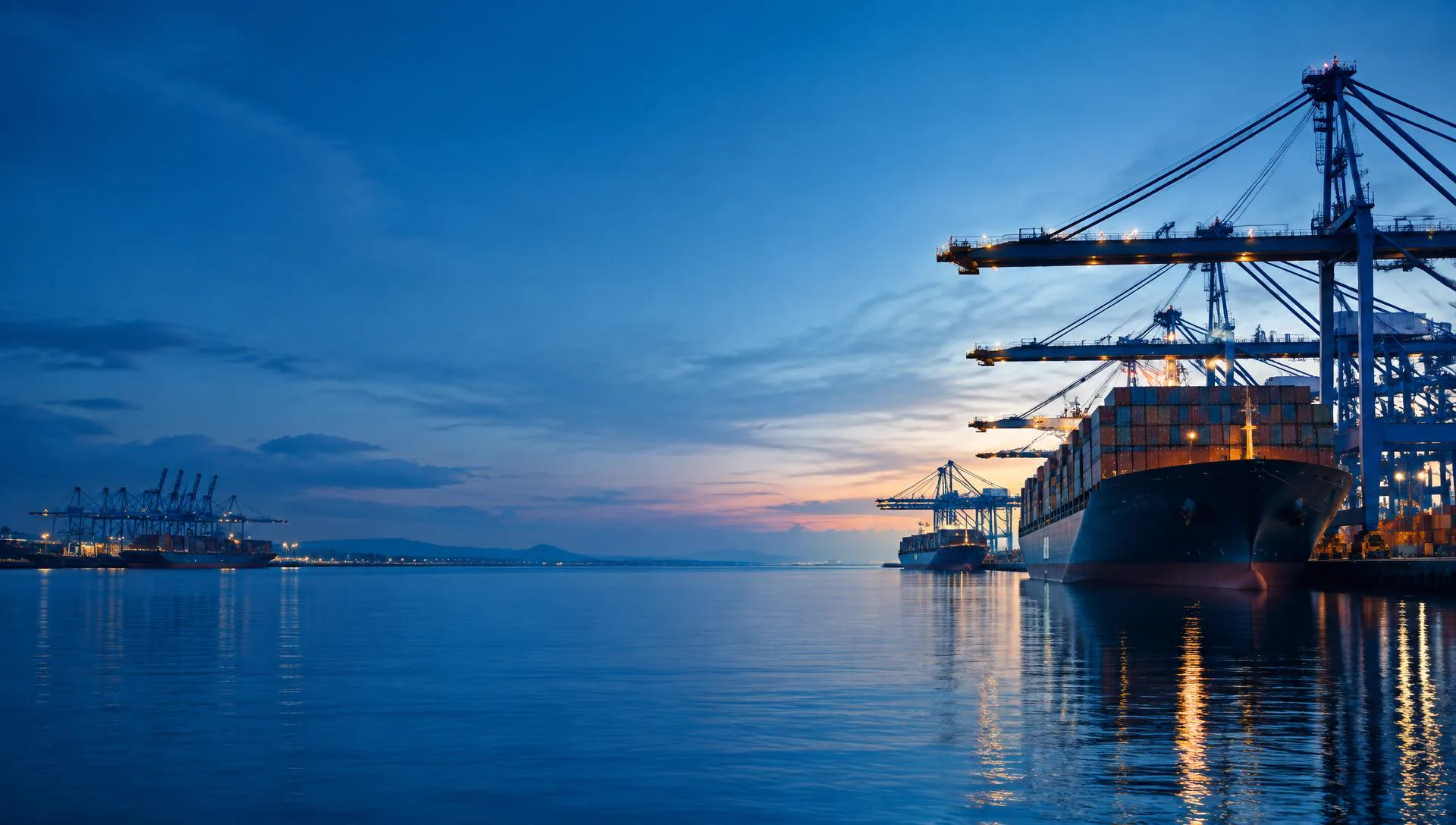 Cargo vessels and terminal cranes at blue hour