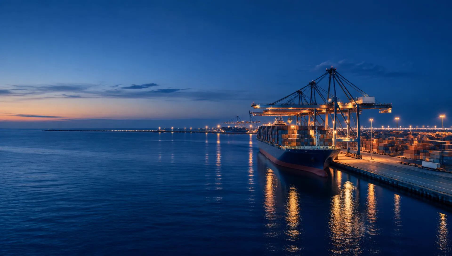 Commercial cargo vessel at a port in the evening