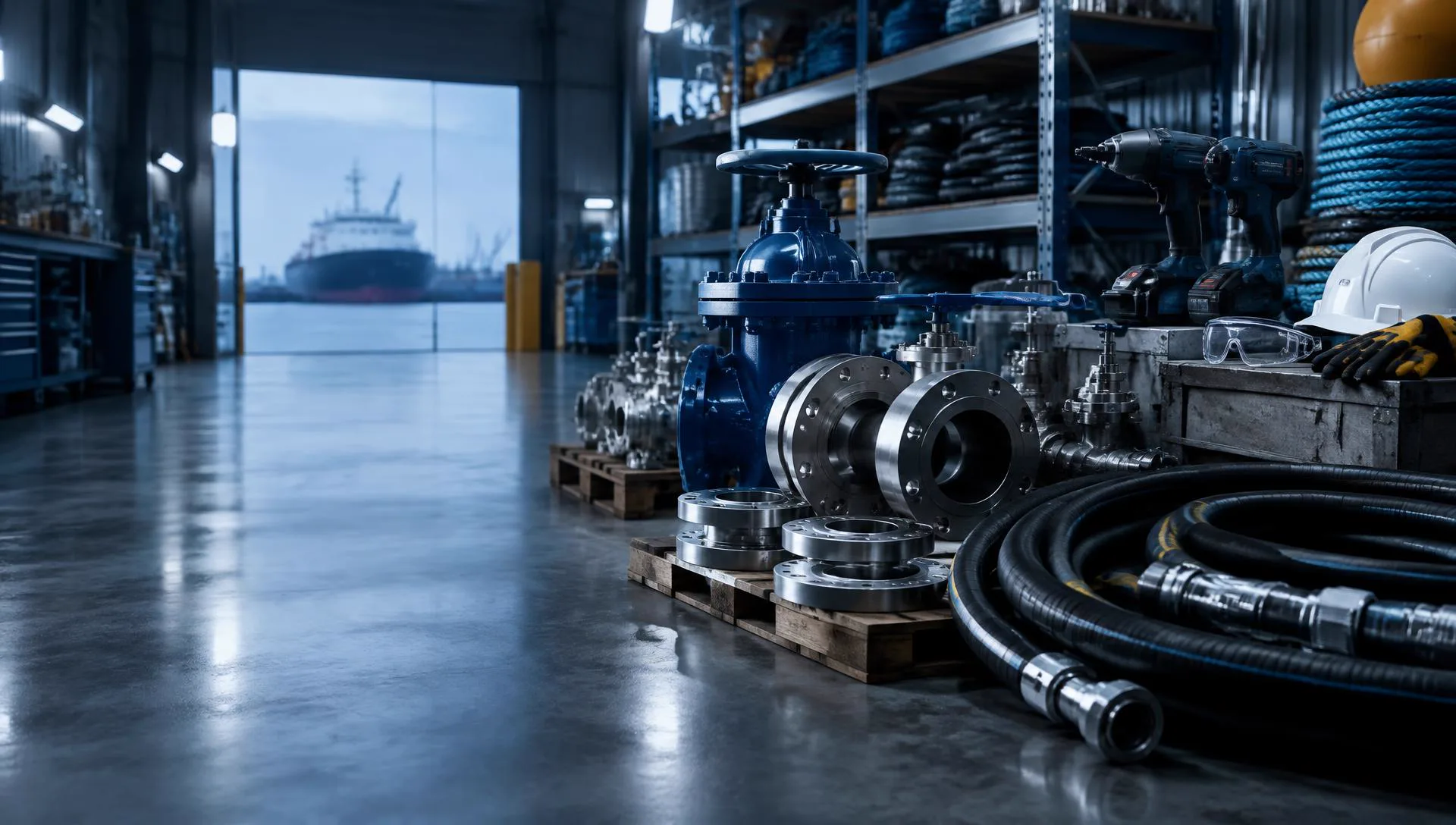 Industrial valves, flanges, hoses and tools in a marine supply facility